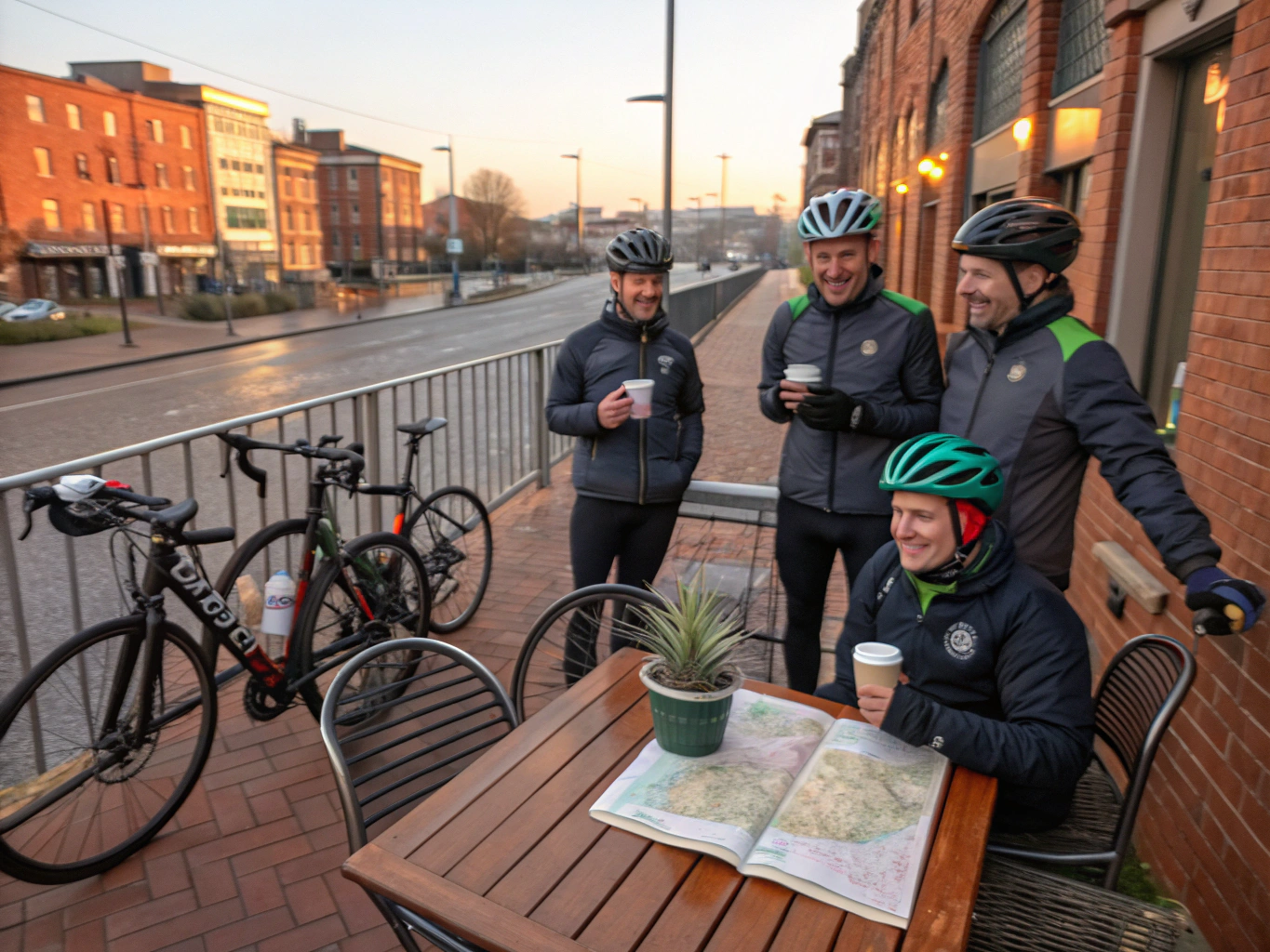 Cyclists gathered at PEDALCOFFEE clubhouse enjoying specialty coffee