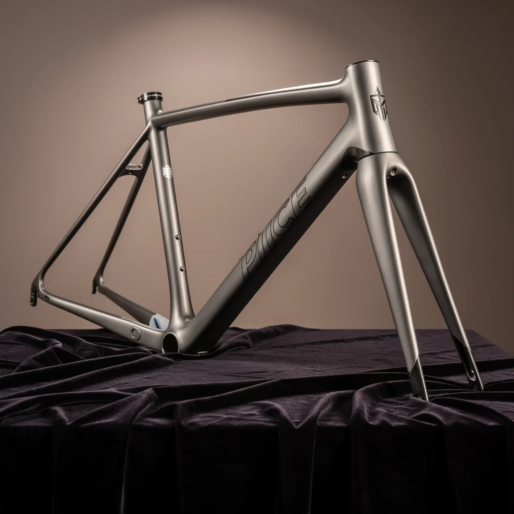 Close-up of polished steel bicycle frame hanging on coffee shop brick wall