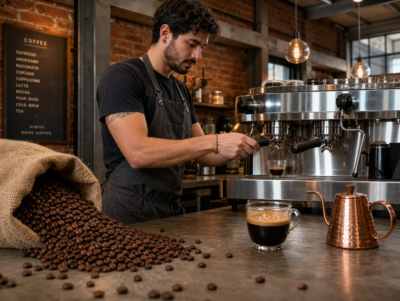 Barista extracting specialty espresso with vintage cycling decor in the background
