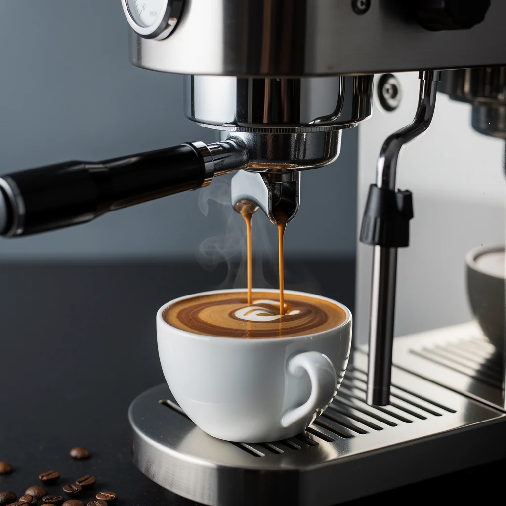 Rich espresso crema pouring smoothly into a ceramic cup
