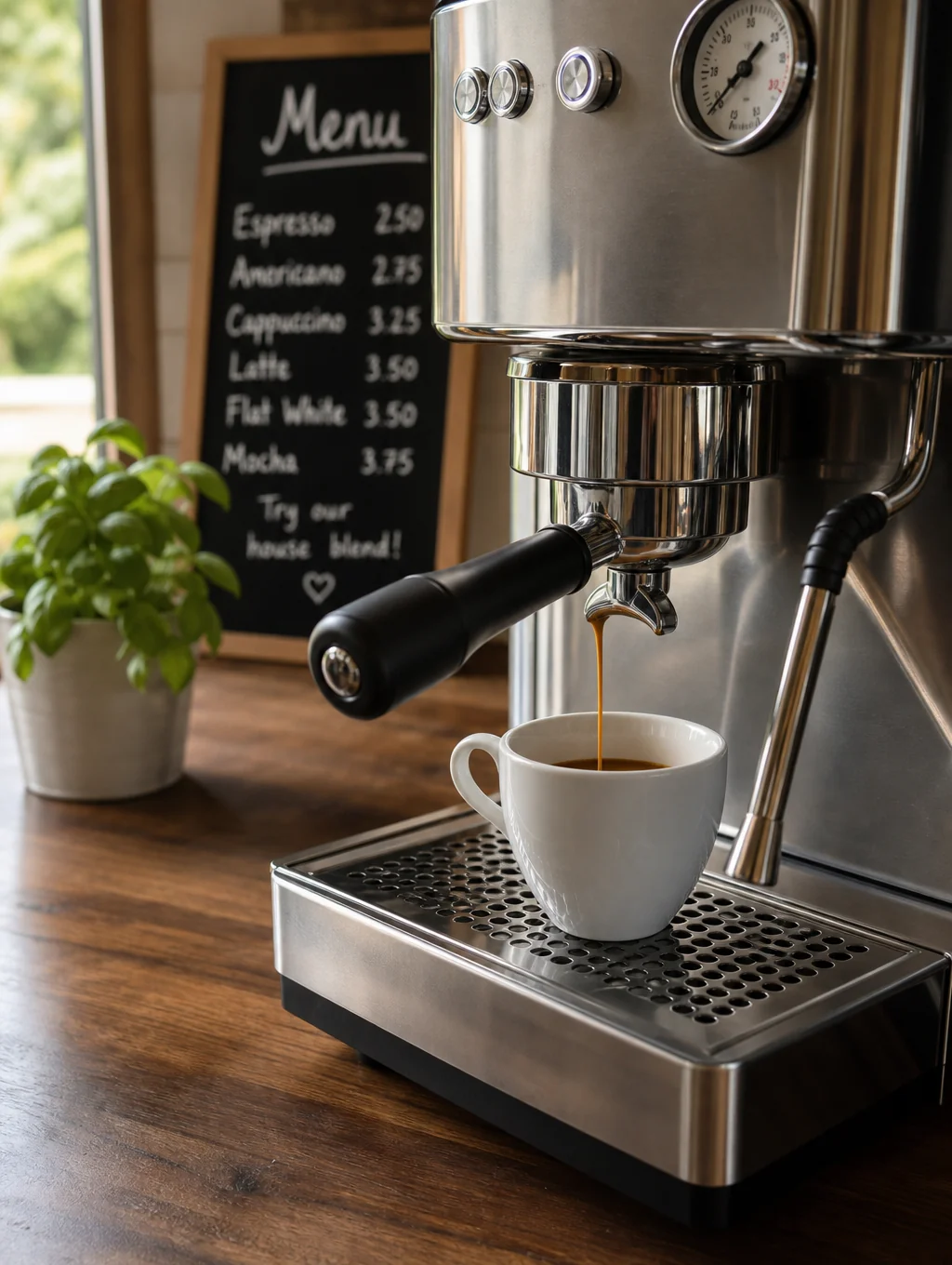 Barista brewing espresso with a custom road bike framed in background